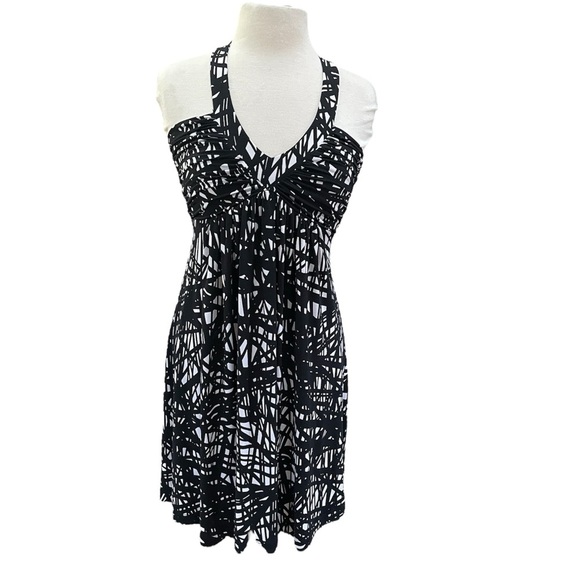 Calvin Klein Dress Black White Abstract Sleeveless V Neck Ruched Empire Waist Sm - Picture 1 of 6
